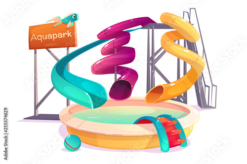 Modern amusement park water attractions, various shape, curved slides going to swimming pool cartoon vector isolated on white background. Aquapark playground for barefoot play and kids entertainment