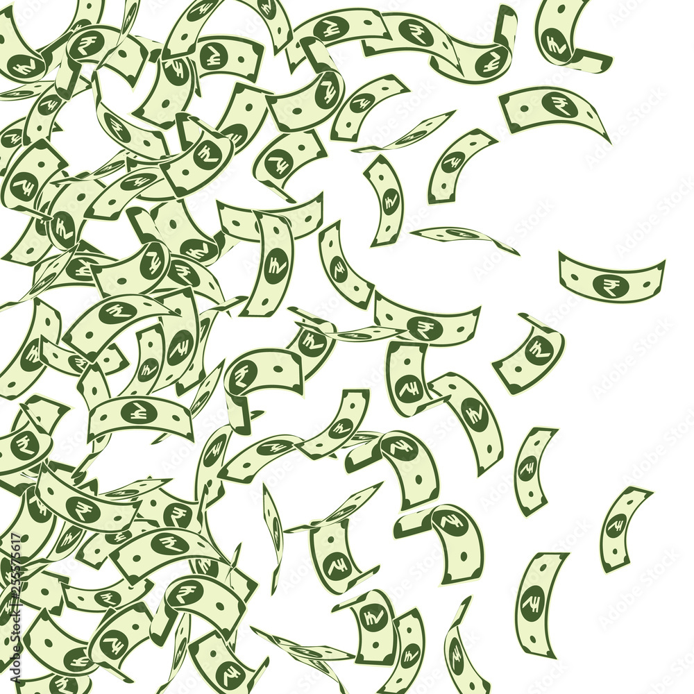 Fototapeta premium Indian rupee notes falling. Floating INR bills on 