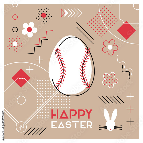 Happy Easter. Greeting card with Easter egg as a baseball ball. Abstract Memphis design. Vector illustration.