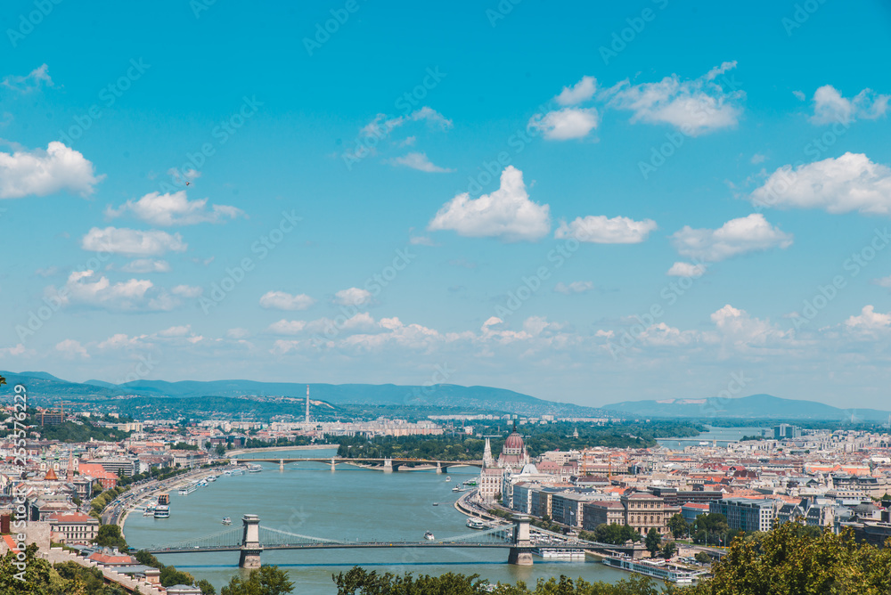 panoramic view of budapest in summer time. buy sky with clouds. copy space