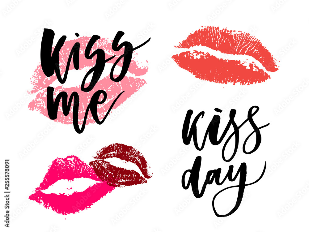 Fototapeta premium World Kissing Day lettering in lips. Template for card, poster, print.