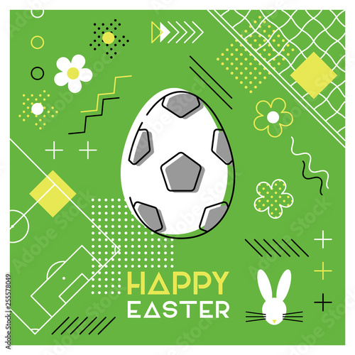Happy Easter. Greeting card with Easter egg as a soccer ball. Abstract Memphis design. Vector illustration.