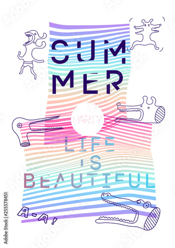 Summer Party "Life is beautiful" typographic poster design with funny bizarre graphic linear characters. Cartoon heads of rabbit, dog, stork, crocodile. Vector illustration. 