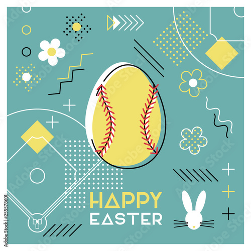 Happy Easter. Greeting card with Easter egg as a softball ball. Abstract Memphis design. Vector illustration.