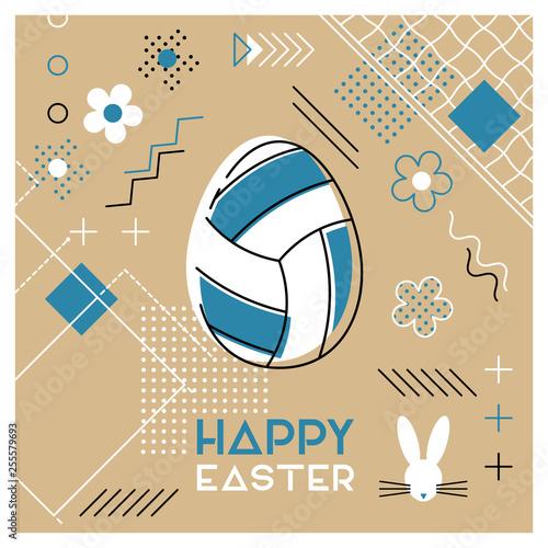 Happy Easter. Greeting card with Easter egg as a volleyball ball. Abstract Memphis design. Vector illustration.