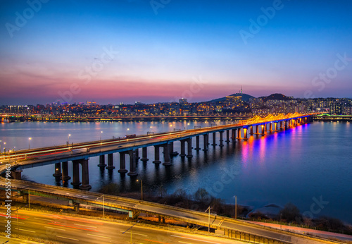 Photography Han river in night at seoul city south Korea