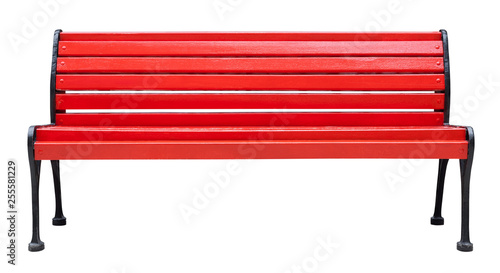 Foto Colorful wooden bench painted in red with metal legs, isolated on a white backgr