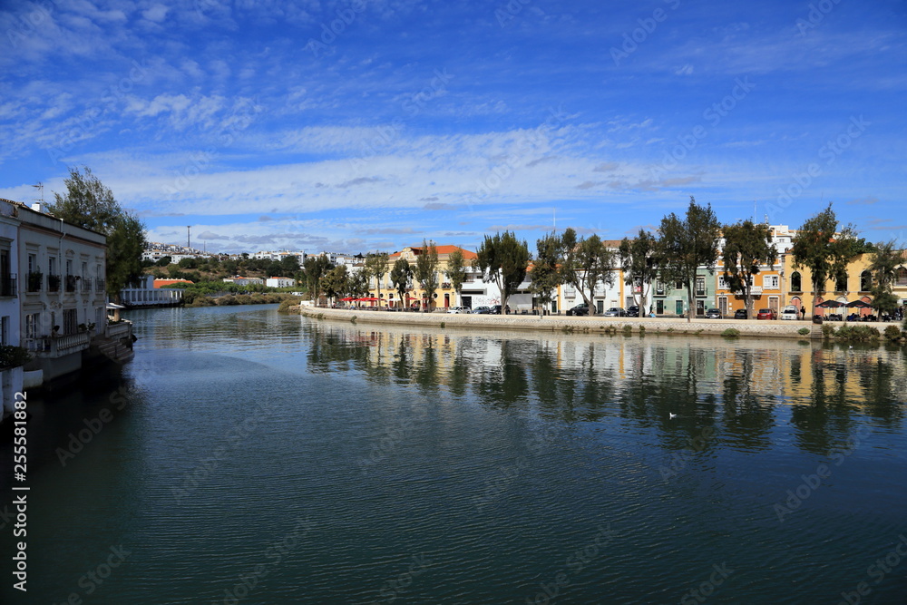View of Gilao river and beautiful colorful houses in Tavira, Algarve, Portugal