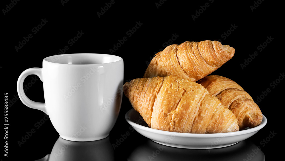 Cup of coffee with croissants black reflective background. Cup of coffee with croissants black reflective background.