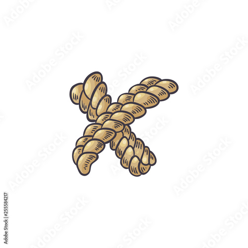 Brown braided rope in form of cross for fixing or attaching something in sketch style.