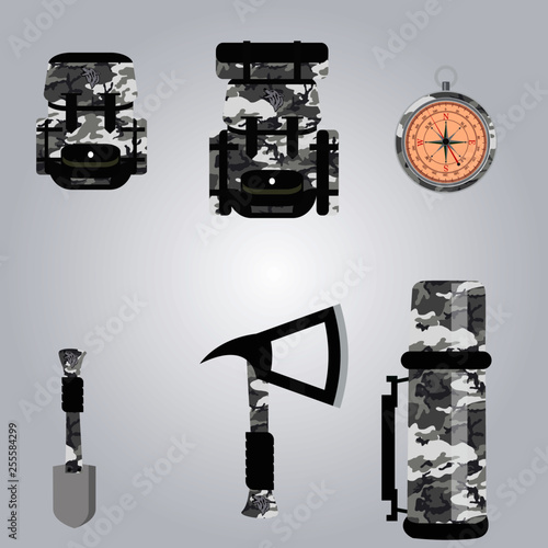 Set of Elements Camouflage Concrete with Backpack, Canteen, Compass, Shovel and Tomahawk Illustration Vector Editable