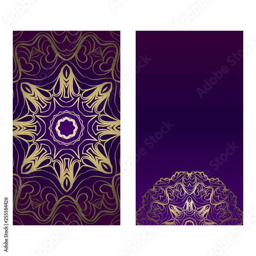 Ethnic Mandala Ornament. Templates With Mandalas. Vector Illustration For Congratulation Or Invitation. The Front And Rear Side. Luxury, purple godl color