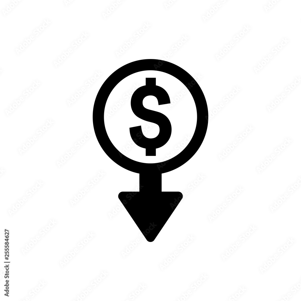 Cost reduction icon. Dollar Down Icon. dollar decrease icon. Money symbol with arrow stretching rising drop fall down. Cost reduction icon. Dollar Down Icon. dollar decrease icon. Money symbol with arrow stretching rising drop fall down.