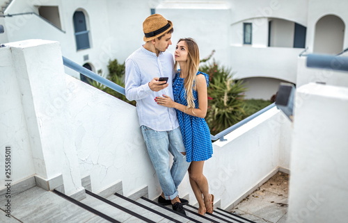 A young couple in love look into each other's eyes Cyprus, Athens, Greece, Italy, Thira