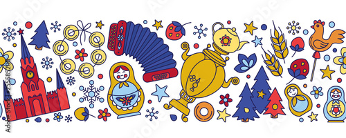 Russian Moscow Russia colored icons seamless background border frame pattern.