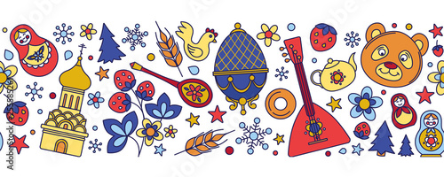 Russian Moscow Russia colored icons seamless background border frame pattern.