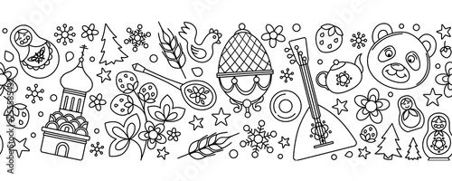 Russian Moscow thin line icons seamless background border frame pattern.