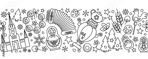 Russian Moscow thin line icons seamless background border frame pattern.