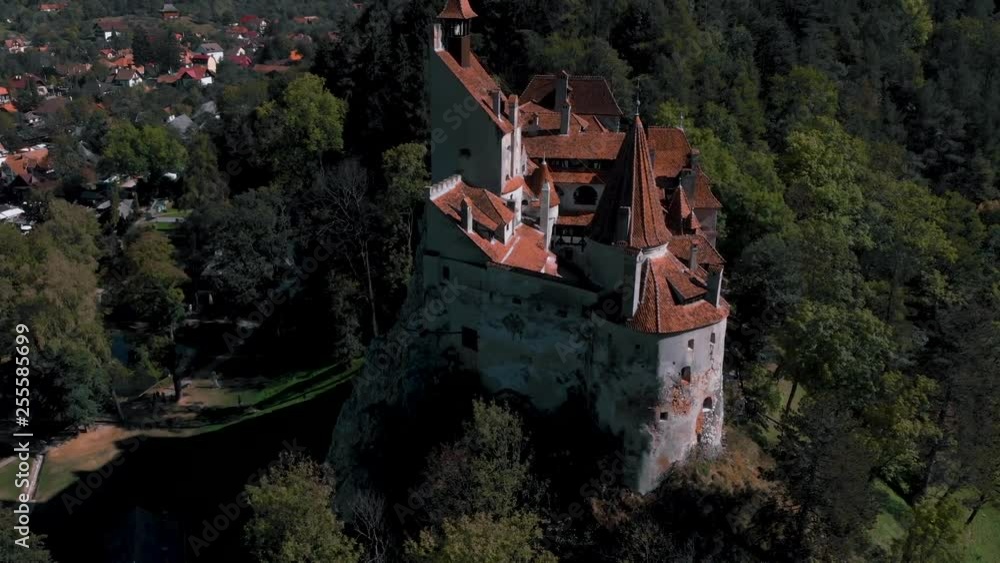 Beautiful Aerial scenic view of medieval Dracula castle in Bran, Transylvania Romania, summer, autumn day. Tourism, travel, vacation concept, Beautiful Aerial scenic view of medieval Dracula castle in Bran, Transylvania Romania, summer, autumn day. Tourism, travel, vacation concept,