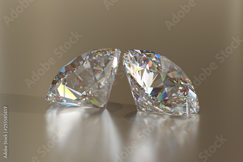 Two round brilliant cut diamonds on beige glossy background.