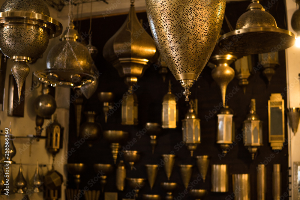 The bronze Lantern masterpieces in Morocco. A pack of beautiful bronze creations showed inside the Fez Medina, Morocco.