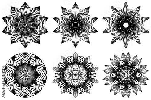 Set of Hand Drawn Background With Mandala. Vector Decorative Elements. Arabic, Indian, Ottoman Motifs. Black white color