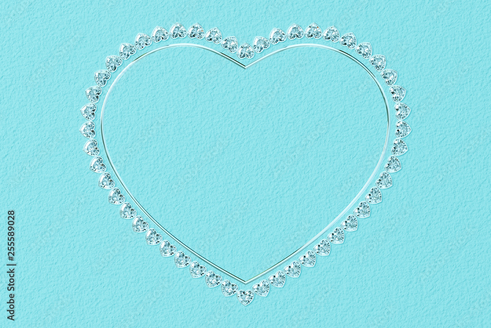 Heart-shaped frame made of small diamonds and glossy silver on turquoise textured background
