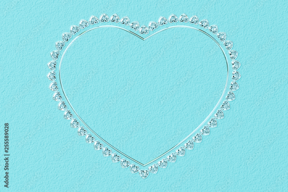 Heart-shaped frame made of small diamonds and glossy silver on turquoise textured background Heart-shaped frame made of small diamonds and glossy silver on turquoise textured background