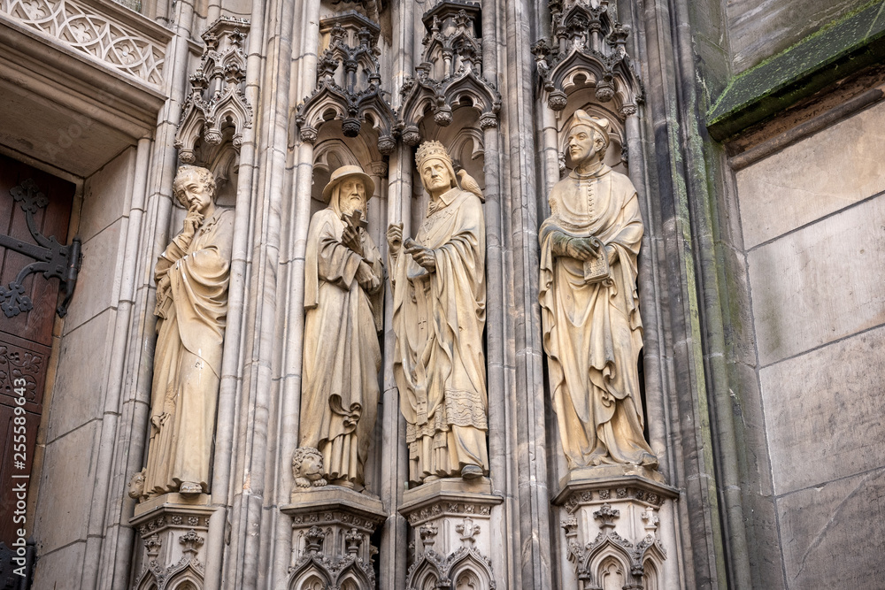 Sculptures that adorn the facade of the St Lambert's Church in Munster, Germany