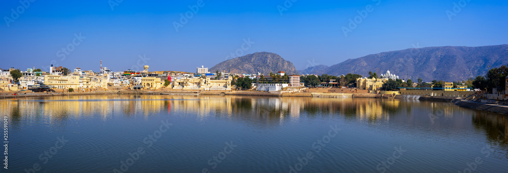 Panorama view of Pushkar lake n the Ajmer district in the Indian state of Rajasthan.