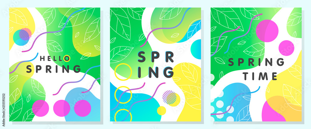 Set of unique spring cards with bright gradient backgrounds; tiny leaves; fluid shapes and geometric elements in memphis style.Abstract layouts perfect for prints; flyers; banners; invitations;covers.