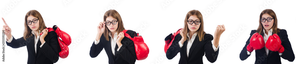 Funny female employee boxer isolated on white Funny female employee boxer isolated on white