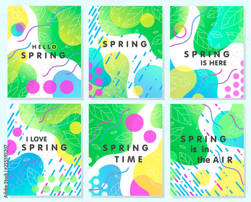Set of unique spring cards with bright gradient backgrounds  tiny leaves  fluid shapes and geometric elements in memphis style.Abstract layouts perfect for prints  flyers  banners  invitations covers.