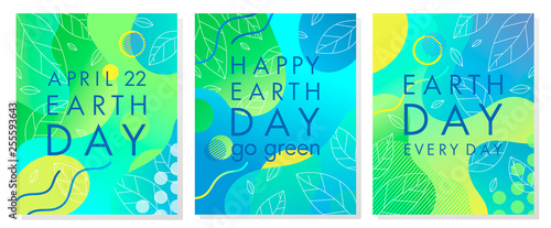 Set of Earth Day posters with bright gradient backgrounds liquid shapes tiny leaves and geometric elements.Earth Day layouts perfect for prints  flyers covers banners design and more.Eco concept.