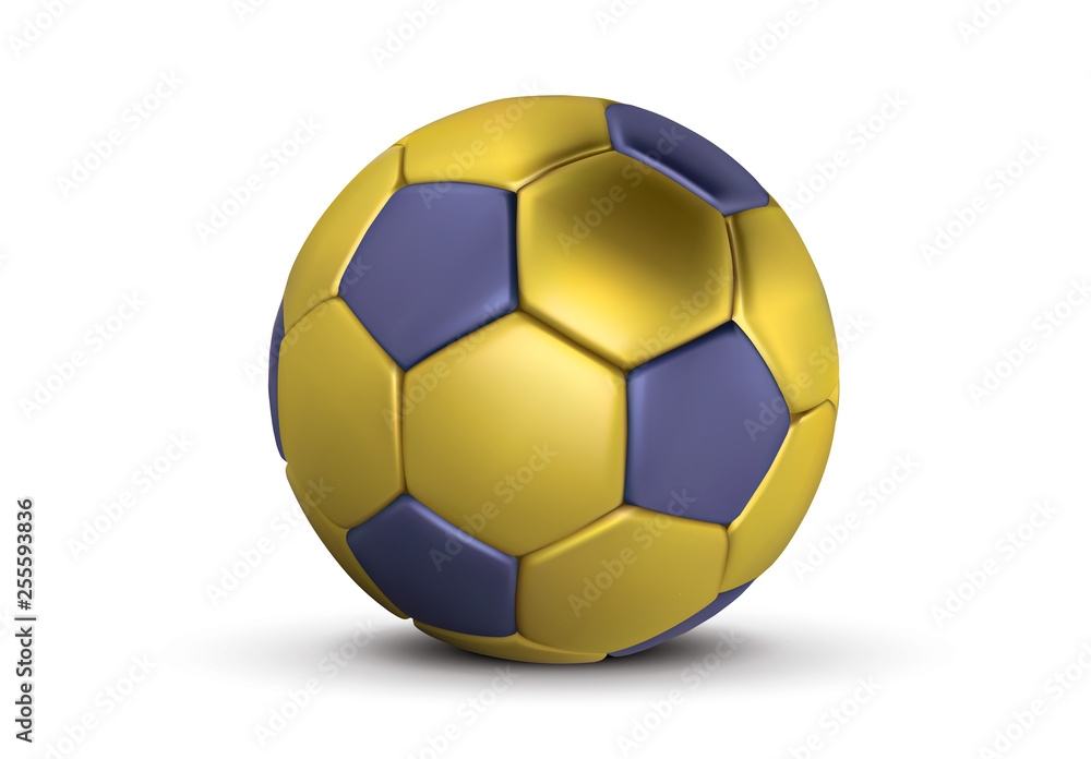 Gold Blue soccer ball on white background. Realistic 3d golden football ball. Bronze blue football ball. Gold Blue soccer ball on white background. Realistic 3d golden football ball. Bronze blue football ball.
