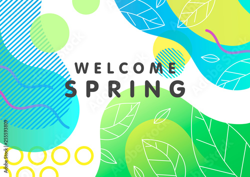 Trendy spring card with bright gradient background,tiny leaves,fluid shapes and geometric elements in memphis style.Bright abstract layout perfect for prints,flyers,banners,invitations,covers and more