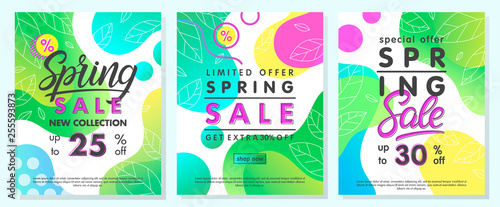 Spring special offer banners.Trendy promo layouts with gradient backgrounds,fluid shapes and geometric elements in memphis style.Sale posters perfect for prints,flyers,banners,promos,special offers.