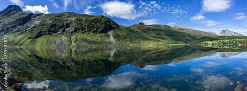 Wide panorama of Eidsvatnet lake near Geirangerfjord with amazing reflections in the water, Sunnmore, More og Romsdal, Norway