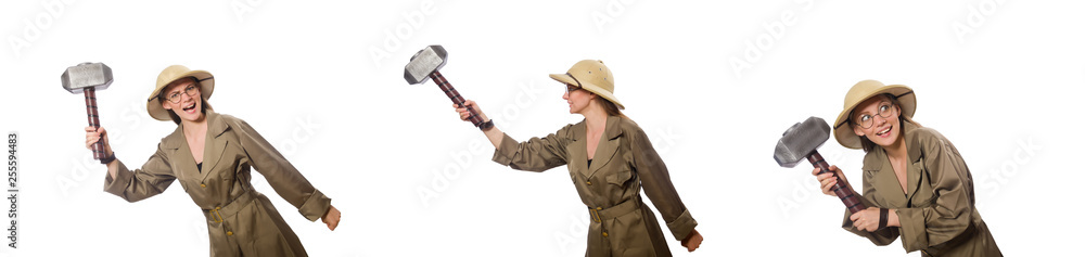 Woman wearing safari hat on white Woman wearing safari hat on white