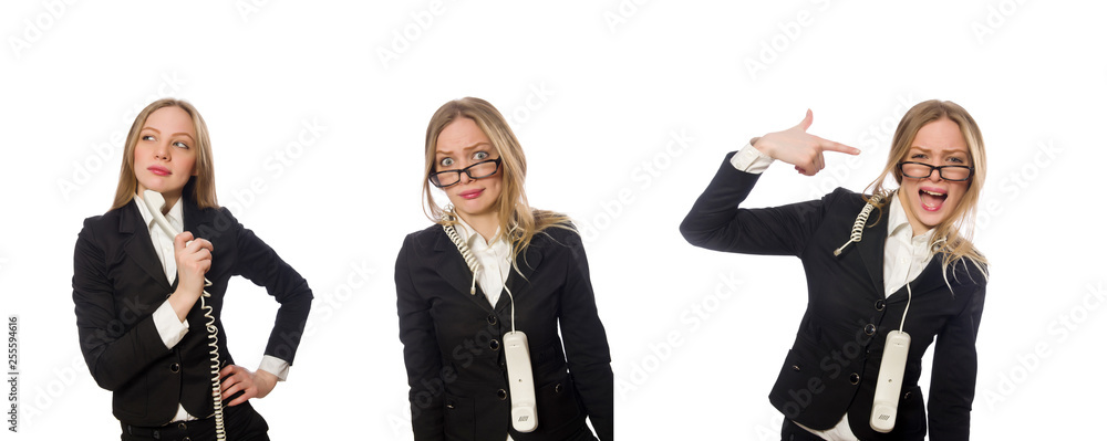 Pretty office employee holding phone isolated on white Pretty office employee holding phone isolated on white