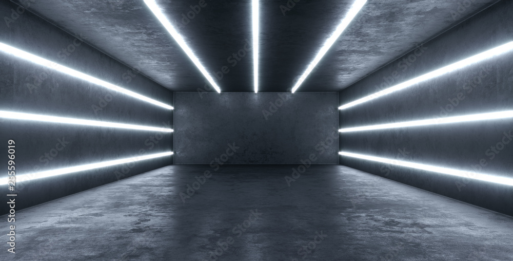 Fototapeta premium Empty high detailed concrete room with light stripes and reflections. 3D illustration. 