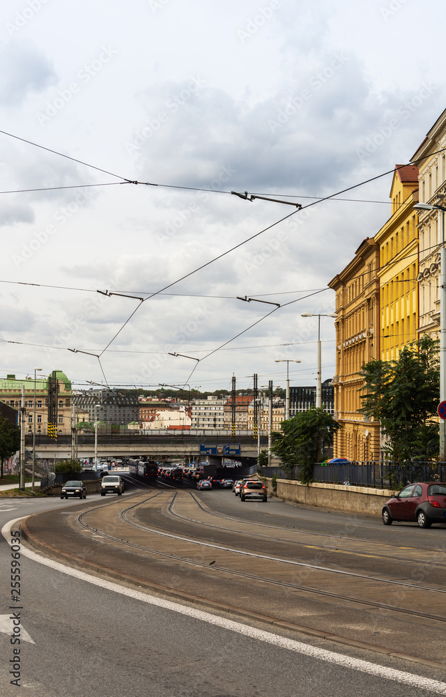 View of the railway bridge from Seifertova street, highway in Prague, Czech Republic