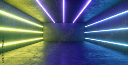 Empty high detailed concrete room with light stripes and reflections. 3D illustration. © SHD