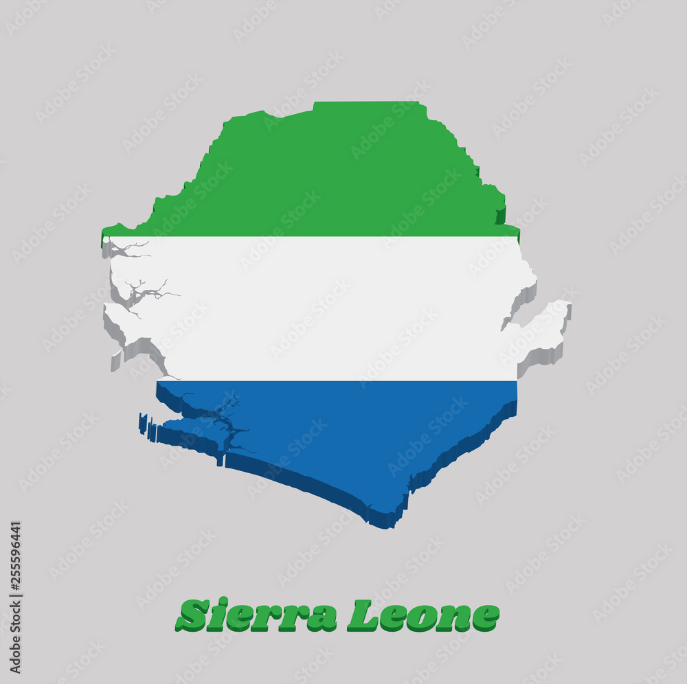 3d Map outline and flag of Sierra leone, A horizontal tricolor of light green, white and light blue.