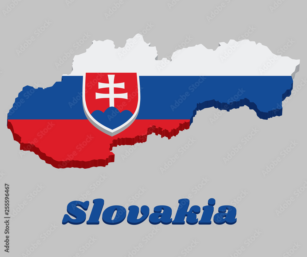 3d Map outline and flag of Slovakia, a horizontal tricolor of white blue and red; charged with a shield containing a white cross is placed to left of center.