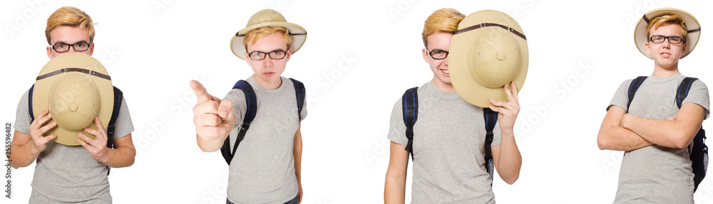 Young boy in cork helmet with backpack Young boy in cork helmet with backpack