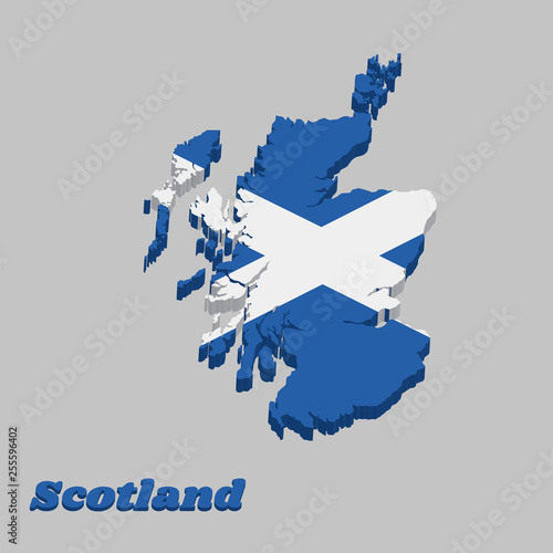 3d Map outline and flag of Scotland, it is a blue field with a white diagonal cross that extends to the corners.