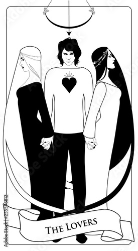 Major Arcana Tarot Cards. The Lovers. Young man holding two beautiful women by the hand. T-shirt with heart on the chest and bow and arrow on his head.