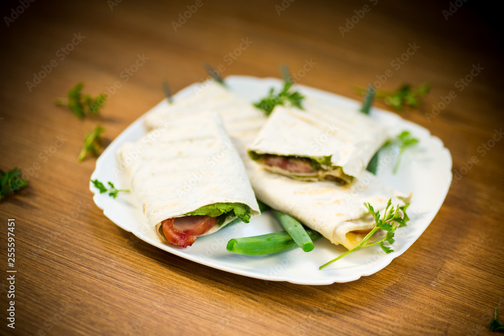 roll of pita with lettuce leaves, greens and sausage in a plate