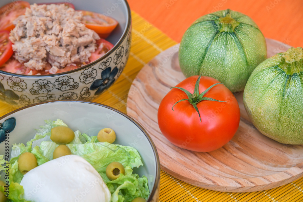 Balanced diet, cooking, culinary and food concept - close up of vegetables on wooden table. Healthy breakfast. Start of the day in the name of health and well-being. Top view Balanced diet, cooking, culinary and food concept - close up of vegetables on wooden table. Healthy breakfast. Start of the day in the name of health and well-being. Top view